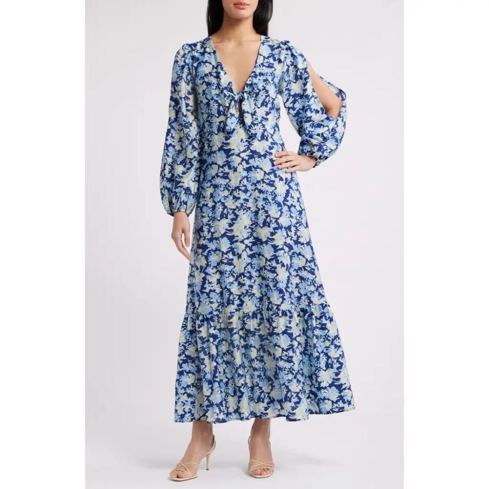 Chelsea28 Floral Long Sleeve Tie Front Maxi Dress Blue Green Becca Floral Small
